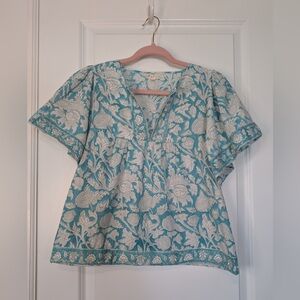 Marea Floral Block Short Sleeve Blouse Blue White Size Small